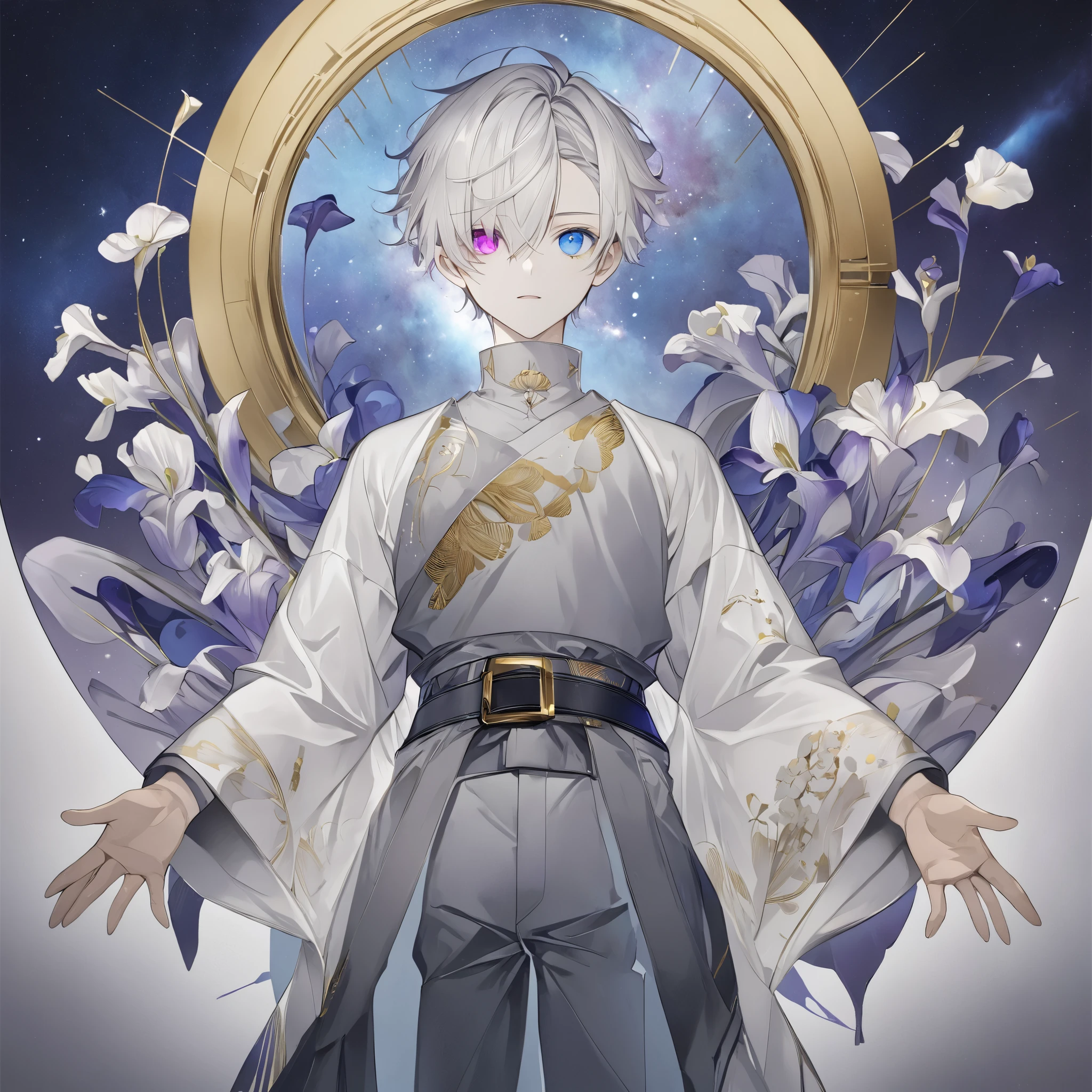  fresh illustration ,
Superfine painting,
 very delicate illustration ,
 Very fine details ,
Picture of only one boy ,
Height: 158cm,
 white skin,
(( the right eye is blue and the left eye is purple, perfect heterochromia )),
 beautiful eyes,
 large black pupils ,
 short hair,
Gray Hair,
 hair roots are bluish ,
 The hair has gradation ,
 shiny hair with makeup,
Beautiful and pretty face,
A small rear wheel that shines brightly floats above the head ,
 raised eyebrows ,
 and is wearing a kimono on the upper body in kimono,
Masculine physique,
 Six Pack,
 Super Skinny,
No boobs,
 lower body Nadres ,
The color of the belt is black ,
Overall white clothes ,
 The design is tastefully embroidered with gold thread,
 fine fabric clothing ,
The number of fingers on a hand is five,
Isometric,
Golden Ratio,
god々 like atmosphere,
 The undershirt is indigo-colored with a stand-up collar,
 outer space ,
Milky Way,
Little Star々 upper body ,
 tactical use of shadows ,
 rings of the head and hair do not stick out of the angle of view,
Clothes don't stick out of the angle of view ,
 body orientation is symmetrical ,
Clothes are symmetrical,
(( standing))
 facing the front,
(Knee Shot),
( Long Shots),
