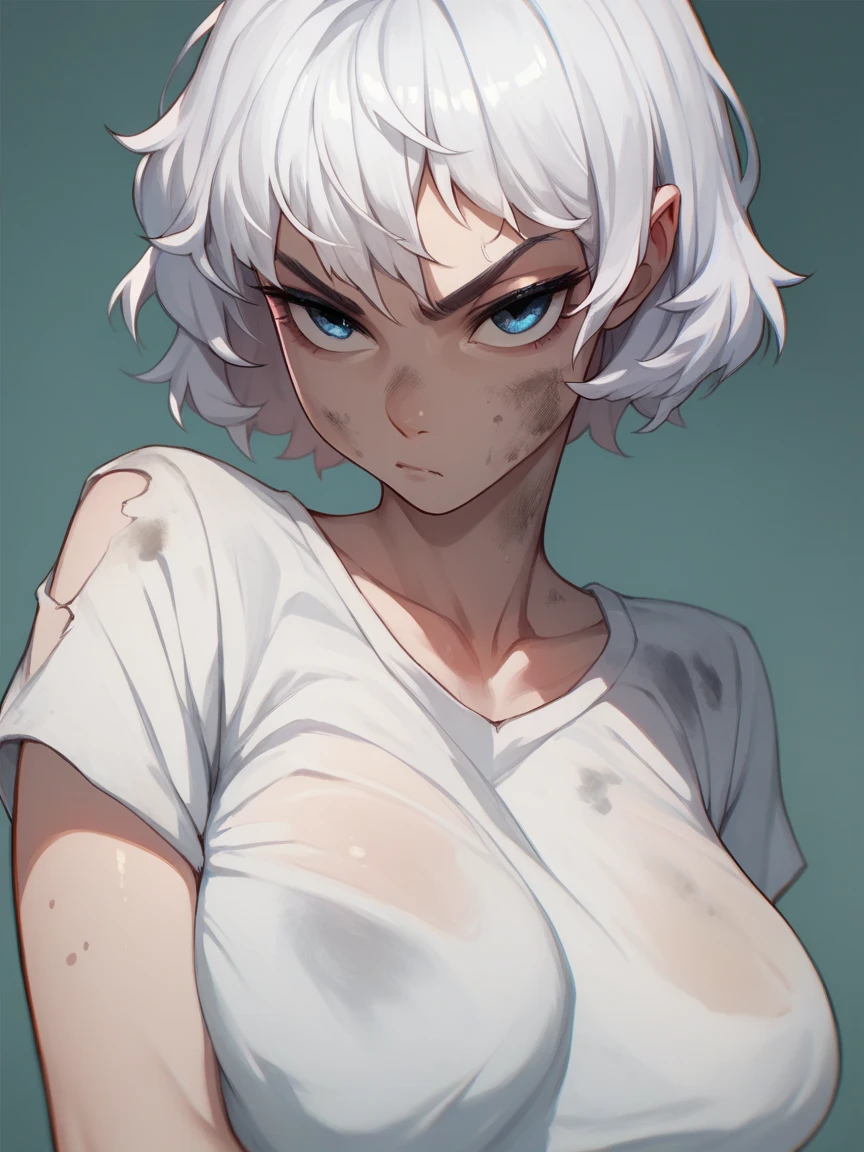 A young woman with short white hair and blue eyes and a serious face and wearing a short white t-shirt and all dirty and big breasts