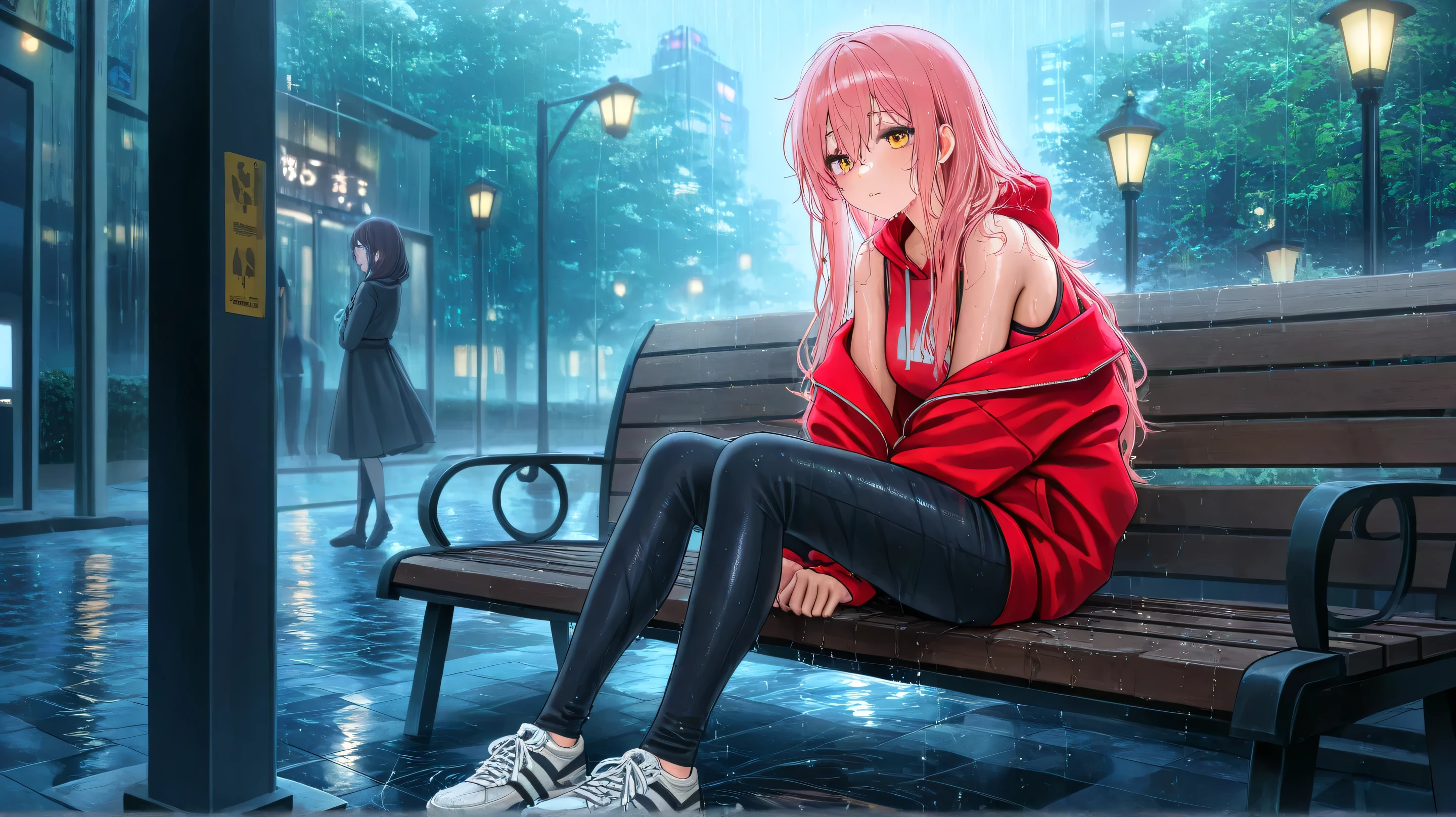 "A rainy afternoon in a small, quiet park. A girl with messy pink hair peeking out from under a red hoodie sits on a weathered park bench. Her wet hair clings to her shoulders, and she looks slightly downcast. Scattered around her are worn-out sneakers, making her stand out in the otherwise calm and gloomy setting. Streetlights blur in the rain, casting a soft glow over the scene."