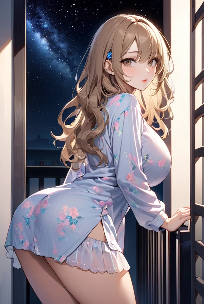 masterpiece,best quality,{{an extremely delicate and beautiful, best quality, masterpiece, extremely detailed CG, {{high quality}},perfect face, {{{space}}}, starry sky,{star},1girl,ray tracing,extremly detailed CG unity 8k wallpaper,dynamic angle,brown hair, long,hair,(((labcoat))),{{oppai loli}},{{{cleavage}}},{loli},{{{{striped bra}}}},{{white panties}},panties aside,huge breast,light_blush, flying, smiling, star hair ornament,upper body,,