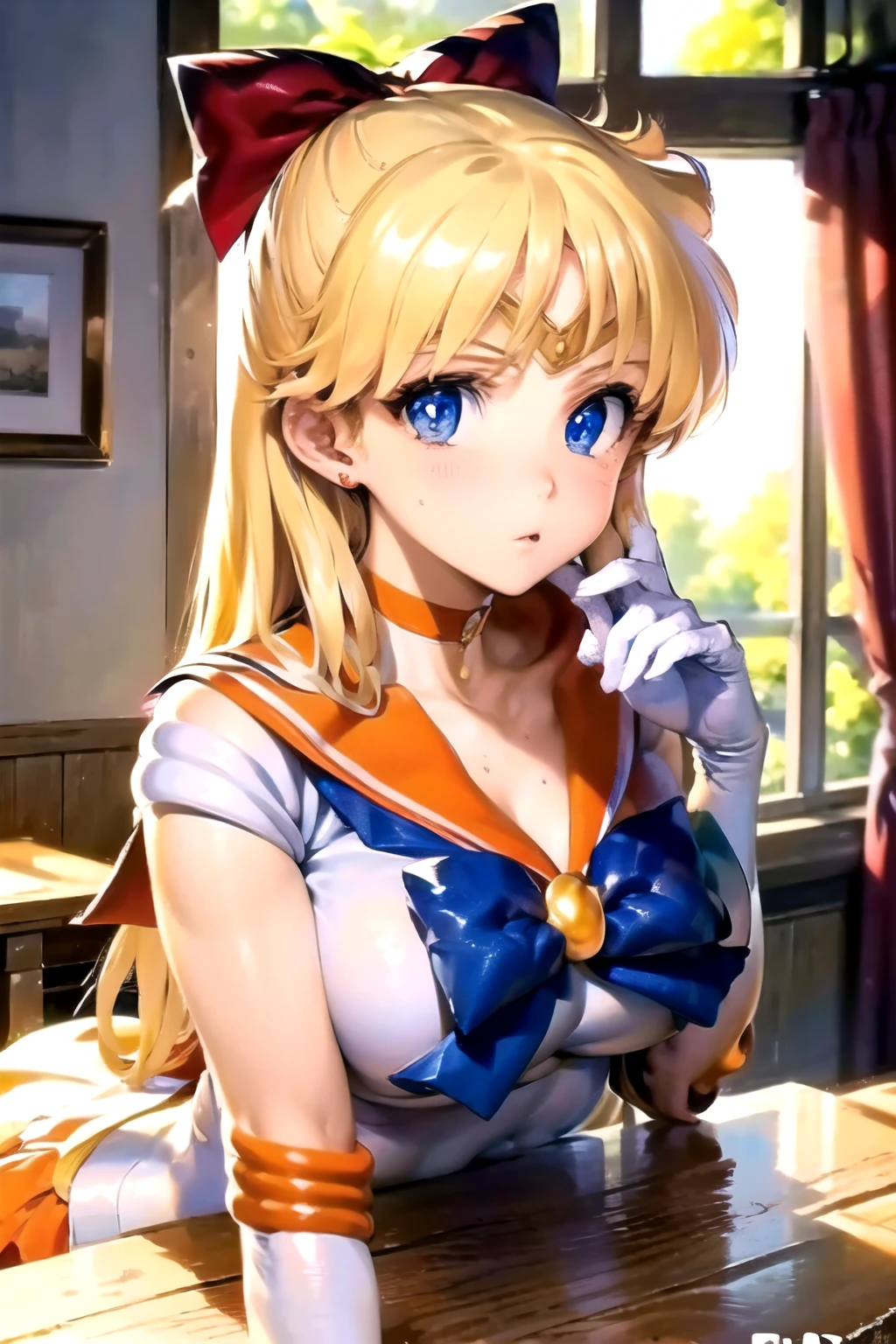 score_9,score_8_up,score_7_up,score_6_up, ((masterpiece)), ((best quality)), (ultra-detailed), ((extremely detailed)), 4K, (8K), best quality, pov, (((orange Sailor Venus))), beautiful, (((High quality fabric))),  (((blush))), Licking something