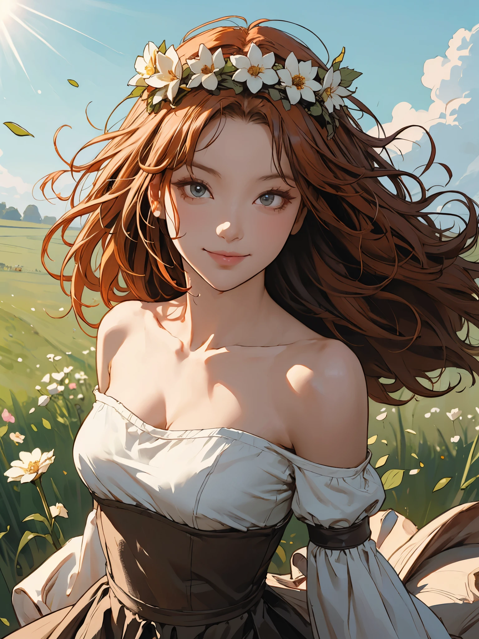 girl, (from above:0.8), breasts, bare top, flowing skirt, detached short flowing arm sleeve, long hair, messy bangs, windswept, flower crown, looking at viewer, gentle smile, shoulder, clavicle, bright direct sunlight, artistic composition, masterpiece, surreal, existential drama setting, emotional crisis, mud bog, gray sludge, duckweed reeds, floral accents, red, black, kinky, copper hair, seductive,