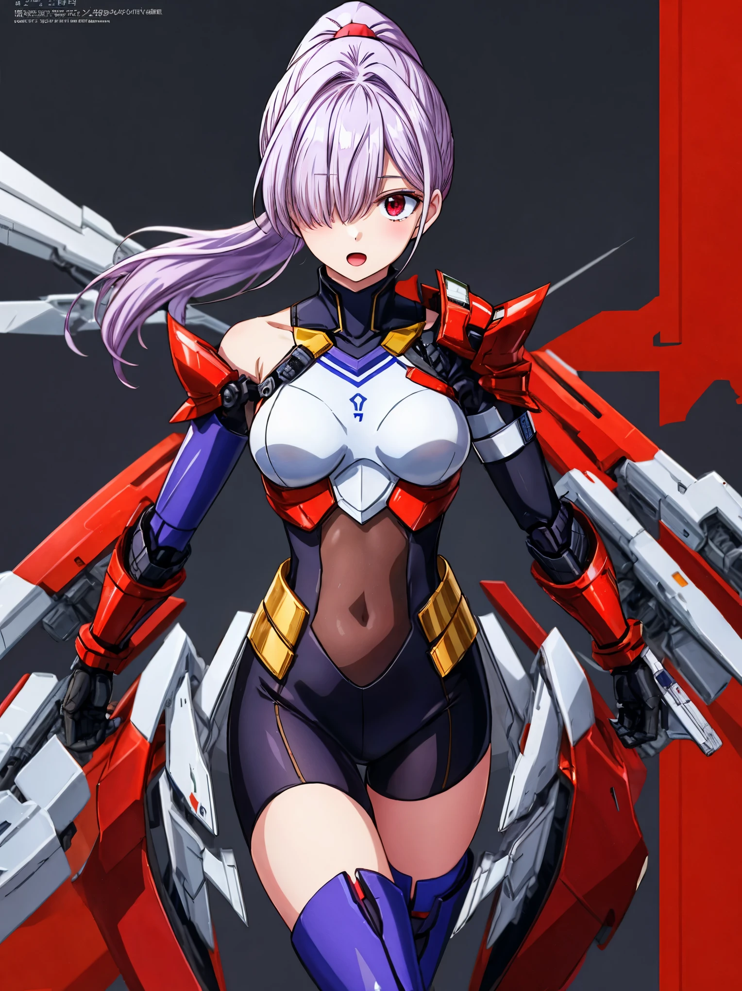 Japanese_anime_style,1figure_girl,(loli:1.5), (short_ponytail:1.3), (light_whitish_purple_hair:1.3),black_mechanical_armor_parts,white_breasts_parts_red_black_body_suit,bare_shoulder,bare_slender_thighs,medium_breasts,on_the_desk, desk_background,Stinging_eyes,(half_pupil:1.5),sleepy,thighhigh_greaves,gauntlets,dynamic_posing,bare_frank,metal_red_parts_armor,red_eye,
fists,hold_weapon,glare,navel,large_mechanical_parts,happy,waist_armor,open_mouth,rise_legs,apart_legs, (covered_navel:1.3),(very_long_bangs:1.3), (hair_over_one_eye:1.5),(long_bang_covers_right_half_of_face:1.5),
(covered_pussy:1.1),covered_breasts,armpits,