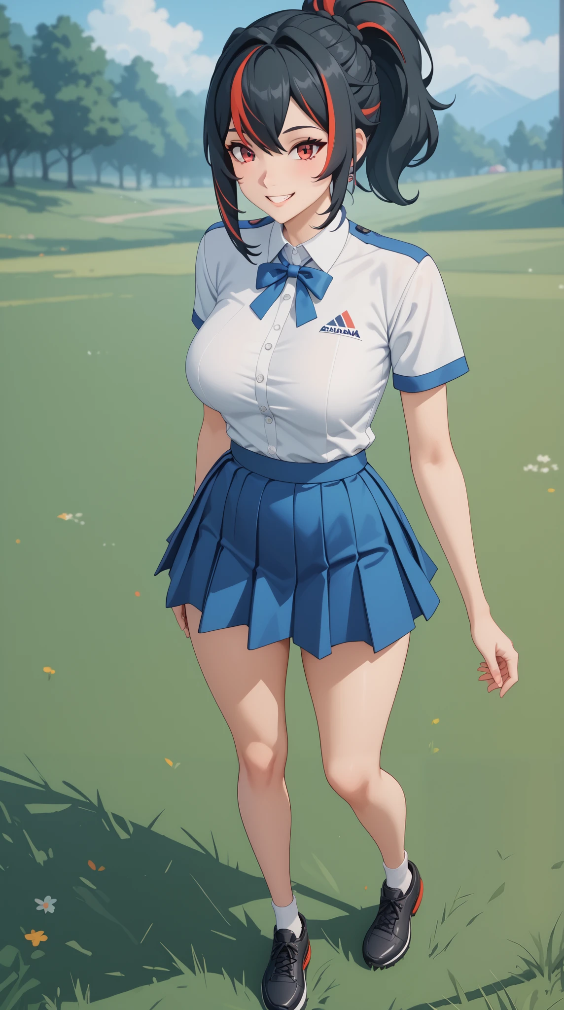 Masterpiece, extremely detailed,4k,solo, 1girl, Zhu yuan, cute smile, ponytail streaked hair, pipi merona, ,full body ,perfect slim body ,long legs, kedua tangan menopang pipi, ,perfect slim body, large breasts,white tshirt,Short sleevee, ((hot slimfit skirt)), cowboy shoot,((grass)), Front look, ((looking at viewers))
