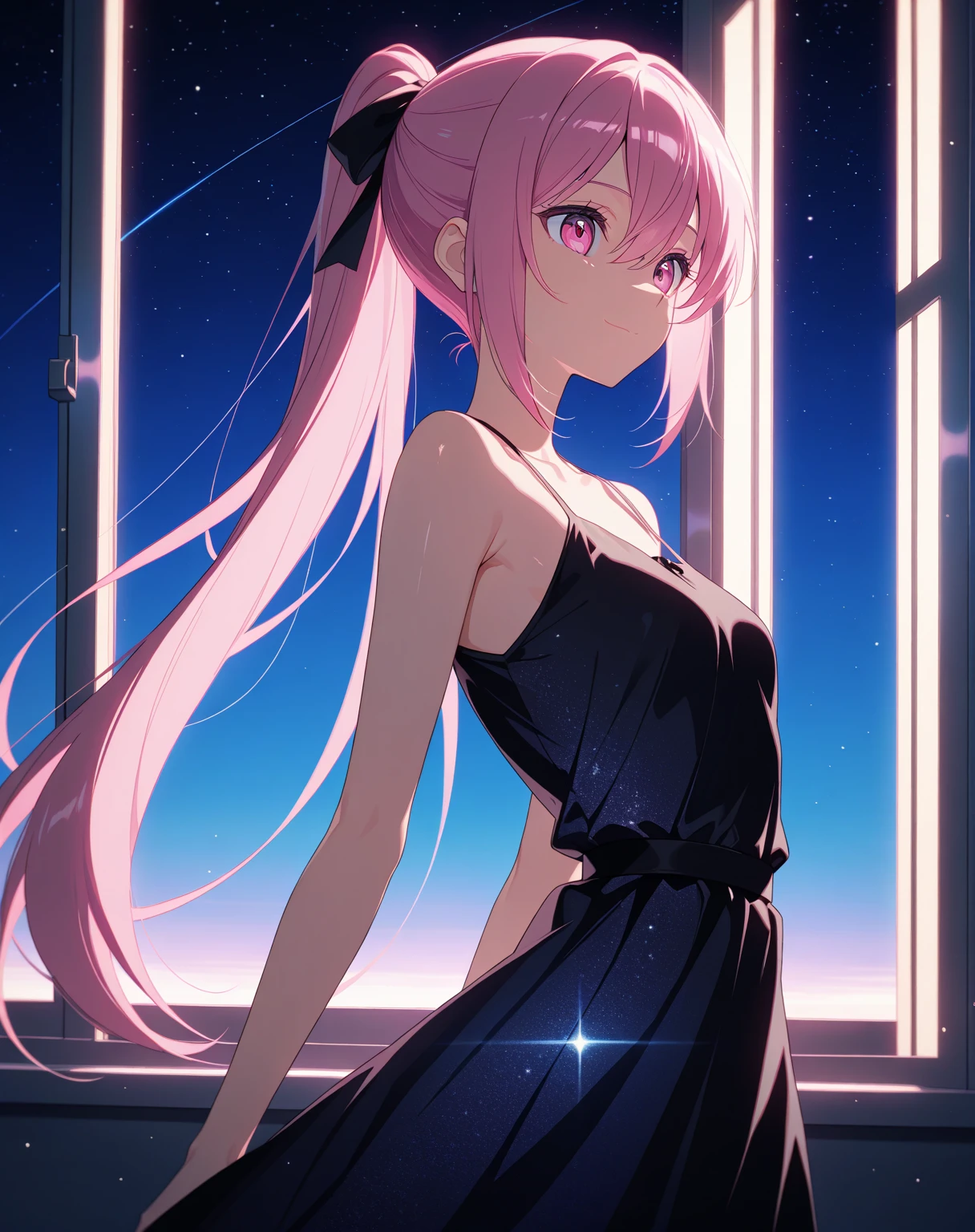 score_9, score_8_up, score_7_up, masterpiece, absurdres, source_anime,1girl, solo, adult, girl focus, adult, very detailed expressive eyes, (very detailed eyes), aesthetic eyes, bright eyes, (bright pink eyes),  pink eyes, beautifully styled hair, very detailed hair, straight hair, bright pink hair, long hair, hair between eyes, (styled ponytail), (slim ponytail), (straight hair), (straight ponytail),styled hair,  little smile, small breasts, shiny skin, healthy skin colour, face focus, BREAK
((blue and black) summer dress, multicoloured dress), standing, (from side),  half body, cowboy shot, BREAK
indoors, (looking though the window at night sky full of stars), BREAK
HDR, 8K, masterpiece, best quality, amazing quality, very aesthetic, high resolution, ultra-detailed, absurdres, newest, scenery, aesthetic detailed background, very detailed background, best quality, game cg aesthetics, beautiful detailed eyes, detailed skin, detailed hair, light particles,  depth of field, 
(masterpiece), best quality, ultra-detailed, 1024k UHD wallpaper, ultra-high resolution, depth of field, HDR, Ray tracing, RTX, high saturation, photon mapping, best texture quality, best compotitions, (extremely detailed CG 1024k wallpaper), High Details, Detailed face, Detailed Clothes, Ultra HD Photo, Perfect Face, expressive eyes, bright colours