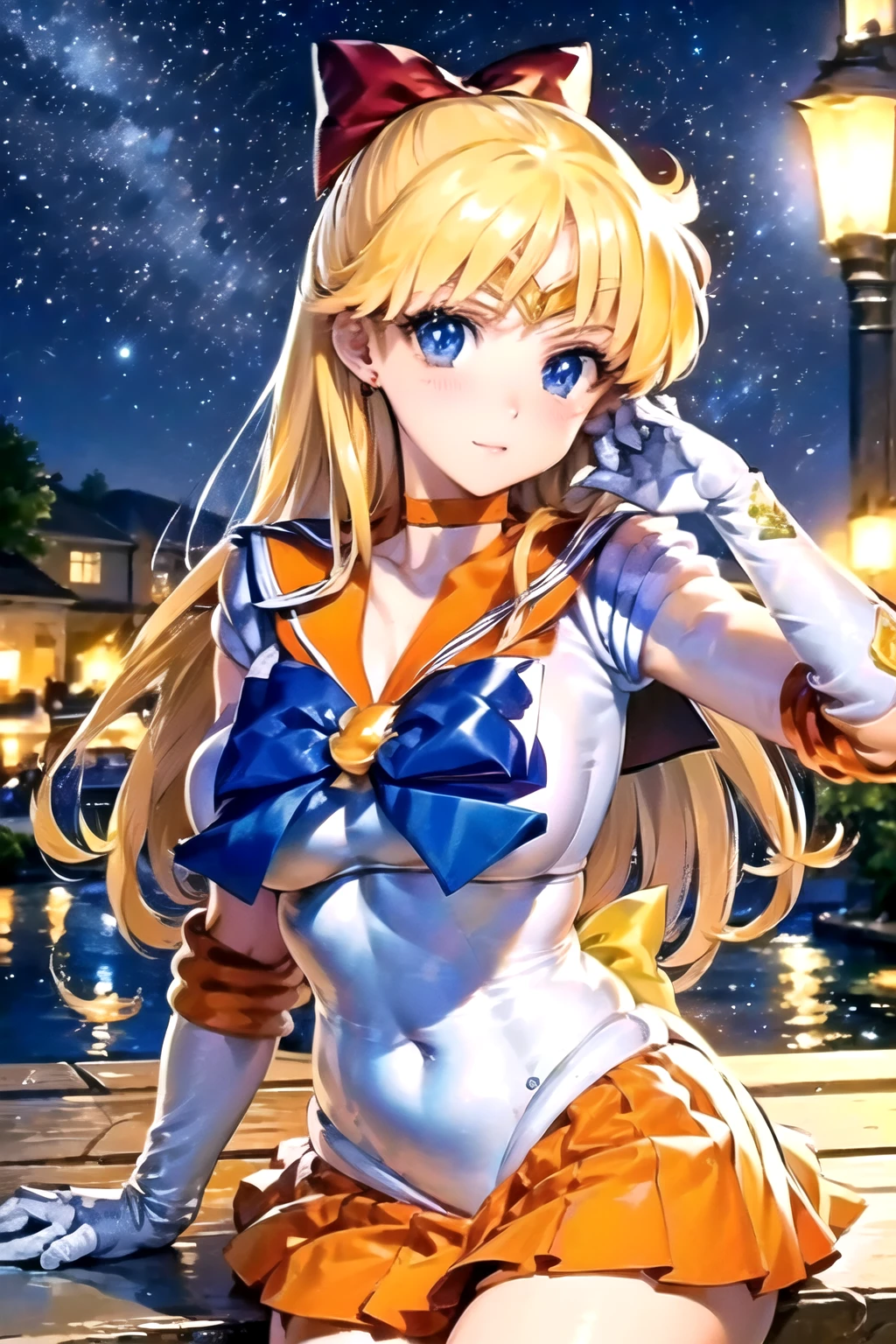 score_9,score_8_up,score_7_up,score_6_up, ((masterpiece)), ((best quality)), (ultra-detailed), ((extremely detailed)), 4K, (8K), best quality, pov, (((orange Sailor Venus))), full body, beautiful, (((High quality fabric))), (((blush))), (((smile))), (((((giggle))))), trademark pose, (((((starry sky))))), (((((night))))), (((((river)))))