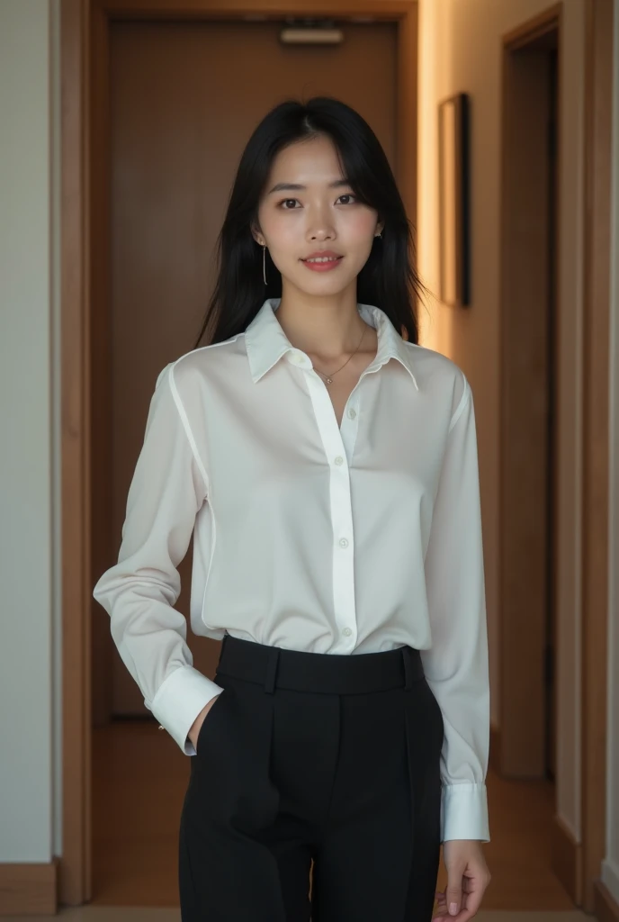 best quality, masterpiece, (lifelike:1.4), 1 girl, faint smile, collared shirt, dramatic lighting, from below,Full body image
