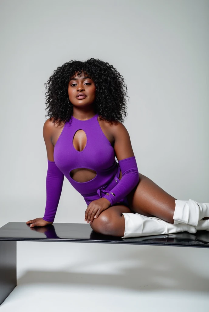 Create an image of a stunning black woman with wavy, shoulder-length hair and glowing dark skin, exuding confidence and sensuality. She is wearing a seductive purple bodysuit with a bold, wide cutout that starts just below her full 36DD bust and continues in a deep, curvy gap down the middle, fully exposing her toned stomach and belly button. The gap is wide enough to create a noticeable, sensual opening in the center, leaving her belly button fully visible. The glossy, reflective finish of the bodysuit adds a sleek touch, emphasizing her athletic, hourglass figure and smooth skin. The high-cut sides and form-fitting design highlight her slim waist, wide hips, and fit physique.

She pairs the bodysuit with sleek, knee-high white leather boots that add a bold, fashionable edge. She reclines confidently on a sleek, minimalistic bench with a glossy finish, set in a high-end photography studio. The studio is lit with soft, even lighting typical of a professional photoshoot, ensuring her figure and outfit are clearly defined. Subtle highlights and gentle shadows accentuate the reflective texture of the bodysuit, the smooth leather of the boots, and her toned physique without overpowering the scene. The neutral, clean backdrop ensures all focus remains on her, creating an elegant and timeless atmosphere that captures her striking presence.