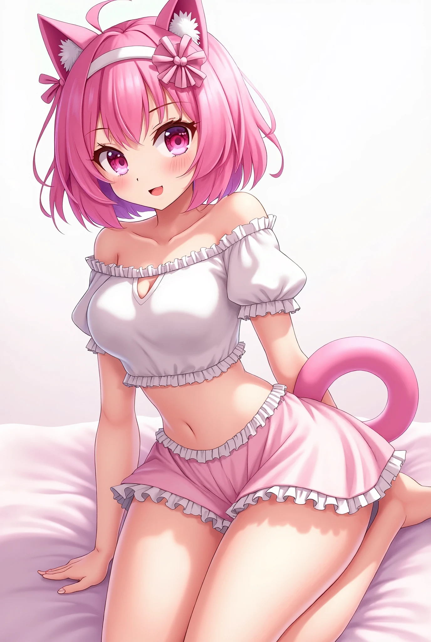 Girl, twin-tail, sole foot, nude, NSFW, pussy, pink hair, sitting, High quality, cat ear, show the soles of feet, nipple, on the bed, liquid from pussy, pink eyes, spread pussy,