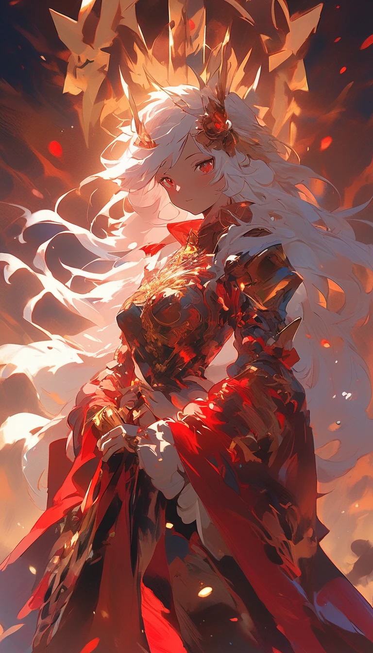 a ******* girl，White hair and red eyes，long white hair，Original Character、fantasy concept art、Best shadow、shallowdepthoffield、the emperor，Portrait of a noble knight、Dignified、Sad expression，streaming tears，Sophisticated tactical heavy armor、Tassel waistband、Hand Guard、Pauline、High quality armor texture，Stand up，Kneel on one knee，overcast day，Snow，（HighestQuali，astonishing detail：1.25），（solo：1.3），Brilliant and colorful paintings, anime style, chromatic aberration, cinematic lighting, reflection light, 8k, super detail, best quality, UHD, high details, textured skin