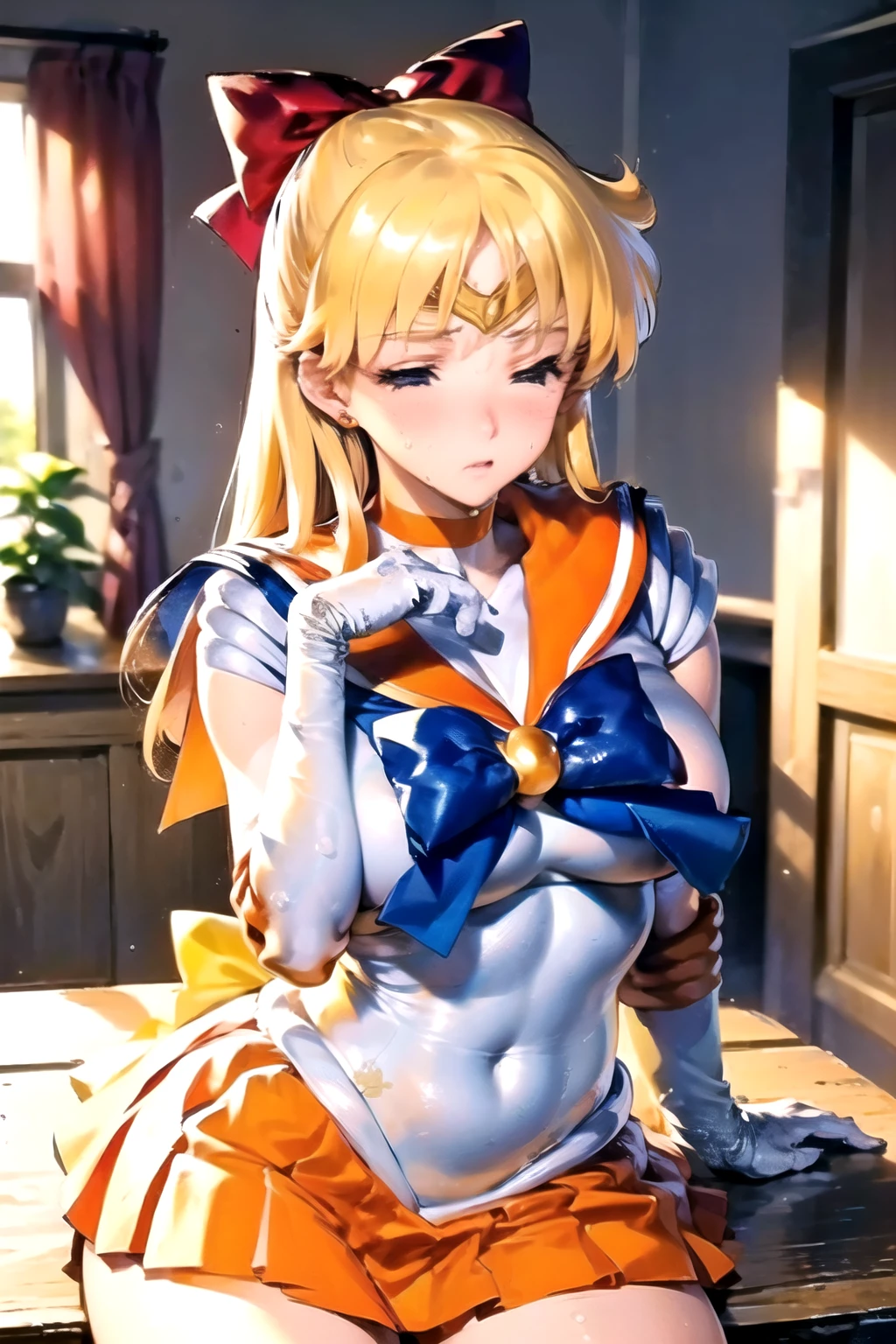 score_9,score_8_up,score_7_up,score_6_up, ((masterpiece)), ((best quality)), (ultra-detailed), ((extremely detailed)), 4K, (8K), best quality, (((orange Sailor Venus))), sitting, (((pee))), wet skirt, blush, (((embarrassed))), (((closed eyes)))