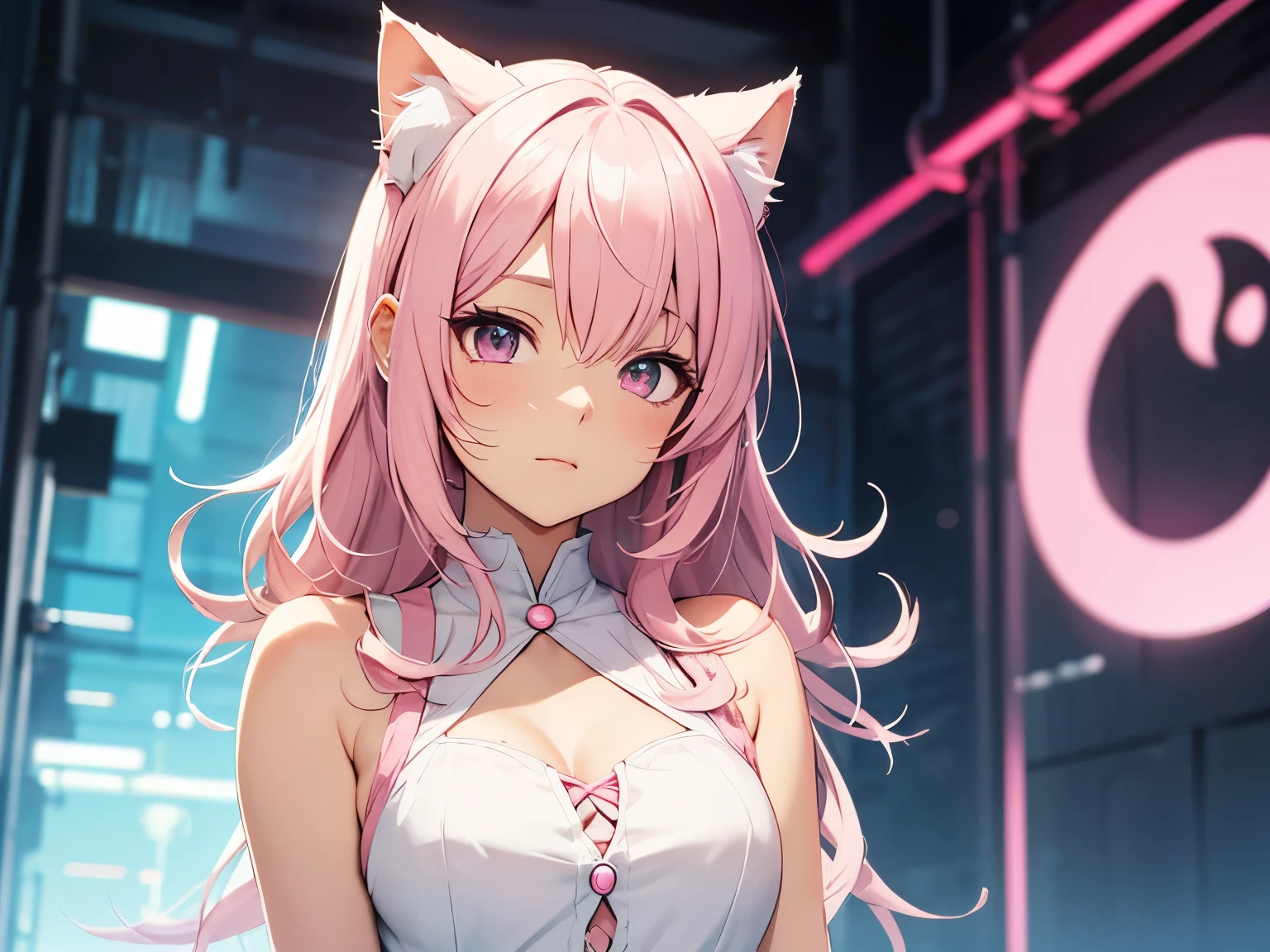 An adult woman, half fox, pink and white ears, pink and white hair, pink eyes, little white and black dress, wide breasts, very angry, holding a sword