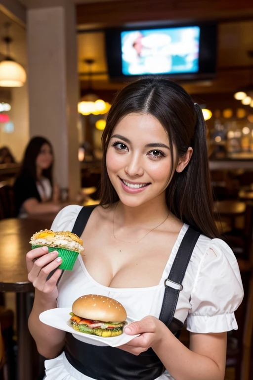  create a full body image of an attractive Latin woman , Beautiful waitress dressed as a maid,  smiling,  carrying a tray with food hamburgers and sodas in a restaurant, beautiful 27-year-old girl with light eyes , Beautiful girl walking between the tables, hay clientes  smiling sentados en las mesas.