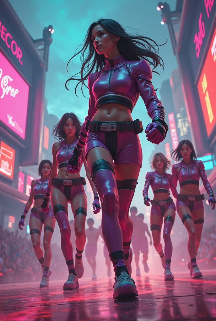 A brave and courageous image of a 6 member ranger team, Each one is decorated in vibrant colors such as:: Neon Pink, Sunset Orange, Fire engine red, plasma violet, Fluorescent Green, shocking yellow. Dynamic poses in a background that exudes energy and courage, Embodying the essence of the classic Sentai superhero team. Each Ranger:: The attire is sophisticated and modern, Each color has elements that reflect its theme., Ready for action. ((Camel Toe))