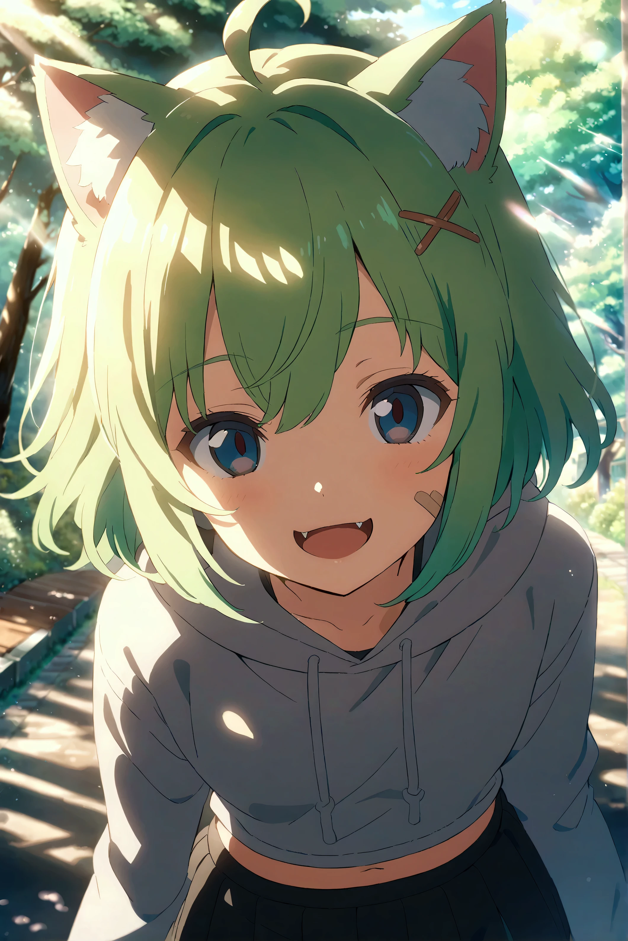 masterpiece, best quality, 1girl, cat girl, upper body, feet out of frame, from above, looking at viewer, smile, fangs, open mouth, light blue eyes, empty eyes, short hair, animal ears, cat ears, bandaid on cheek, light green hair, two-tone hair, multicolored hair, green inner hair, bangs, ahoge, hair ornament, grey sweater, sweater hoodie, crop blouse, long sleeves, black skirt, mini skirt, x hair ornament, outdoors, cherry blossom, morning, trees, wind, sunlight, dropped shadow, Lensflare, bloom, Depth of Field, soft focus, anime coloring, Shinkaistyle