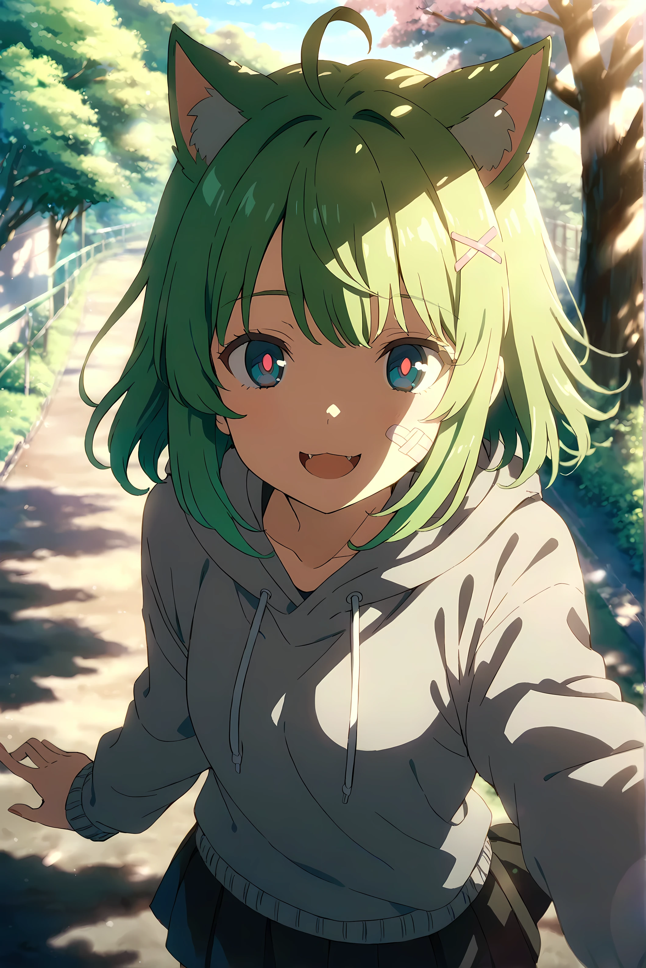 masterpiece, best quality, 1girl, cat girl, teen, upper body, feet out of frame, from above, looking at viewer, smile, fangs, open mouth, light blue eyes, empty eyes, short hair, animal ears, cat ears, bandaid on cheek, light green hair, two-tone hair, multicolored hair, green inner hair, bangs, ahoge, hair ornament, grey sweater, sweater hoodie, crop blouse, long sleeves, black skirt, mini skirt, x hair ornament, outdoors, cherry blossom, morning, trees, wind, sunlight, dropped shadow, Lensflare, bloom, Depth of Field, soft focus, anime coloring, Shinkaistyle