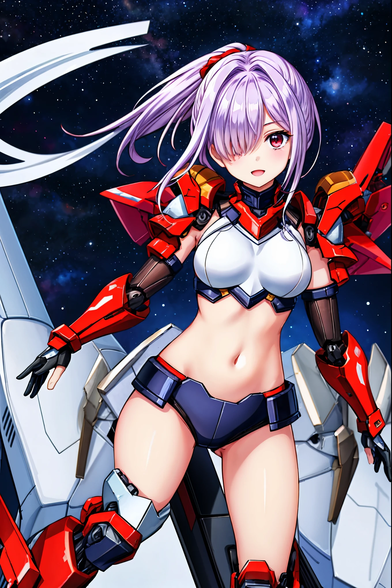 ,1girl,(teen:1.5), (short_ponytail:1.3), (light_whitish_purple_hair:1.3),black_mechanical_armor_parts,white_breasts_parts_red_black_body_suit,bare_shoulder,bare_slender_thighs,medium_breasts,city_background,Stinging_eyes,sleepy,thighhigh_greaves,gauntlets,dynamic_posing,bare_frank,metal_red_parts_armor,red_eye,solo,
fists,hold_weapon,glare,navel,large_mechanical_parts,happy,waist_armor,open_mouth,rise_legs,apart_legs, (covered_navel:1.3),(very_long_bangs:1.3), (hair_over_one_eye:1.5),(long_bang_covers_right_half_of_face:1.5),
(covered_pussy:1.1),covered_breasts,fighting,