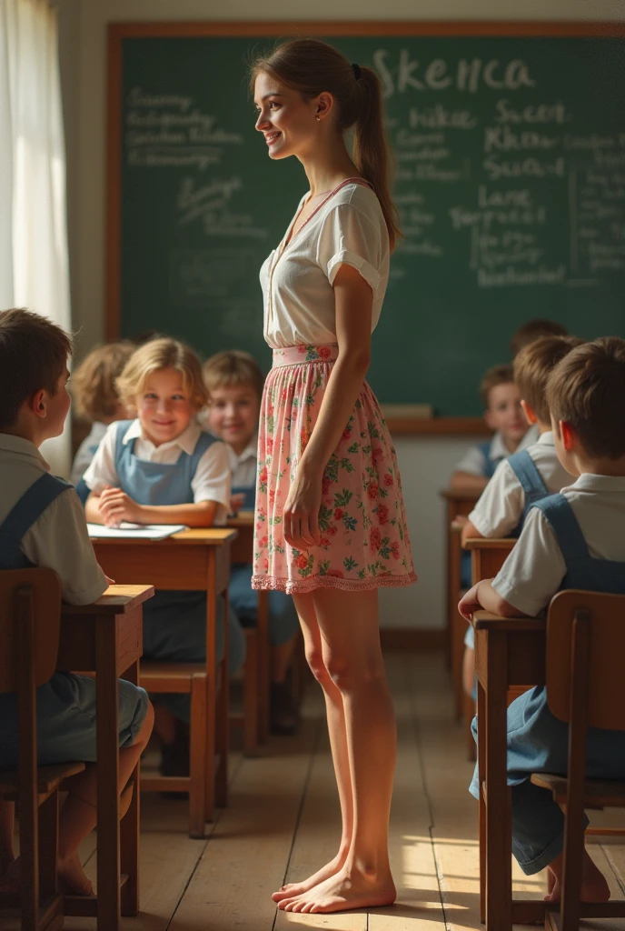 Beautiful blonde teacher in a very short miniskirt, big ass and tits and in pantyhose surrounded by her students and little students who grope her