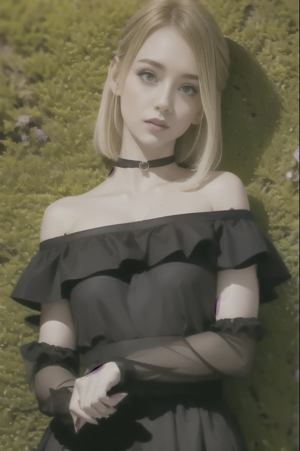  blonde hair、 Very Shorthair、 Light makeup、Red lipstick、 (black off-the-shoulder dress、  black choker)  、-yeld gi  Late Night、Cemetery、 uneasy expression、