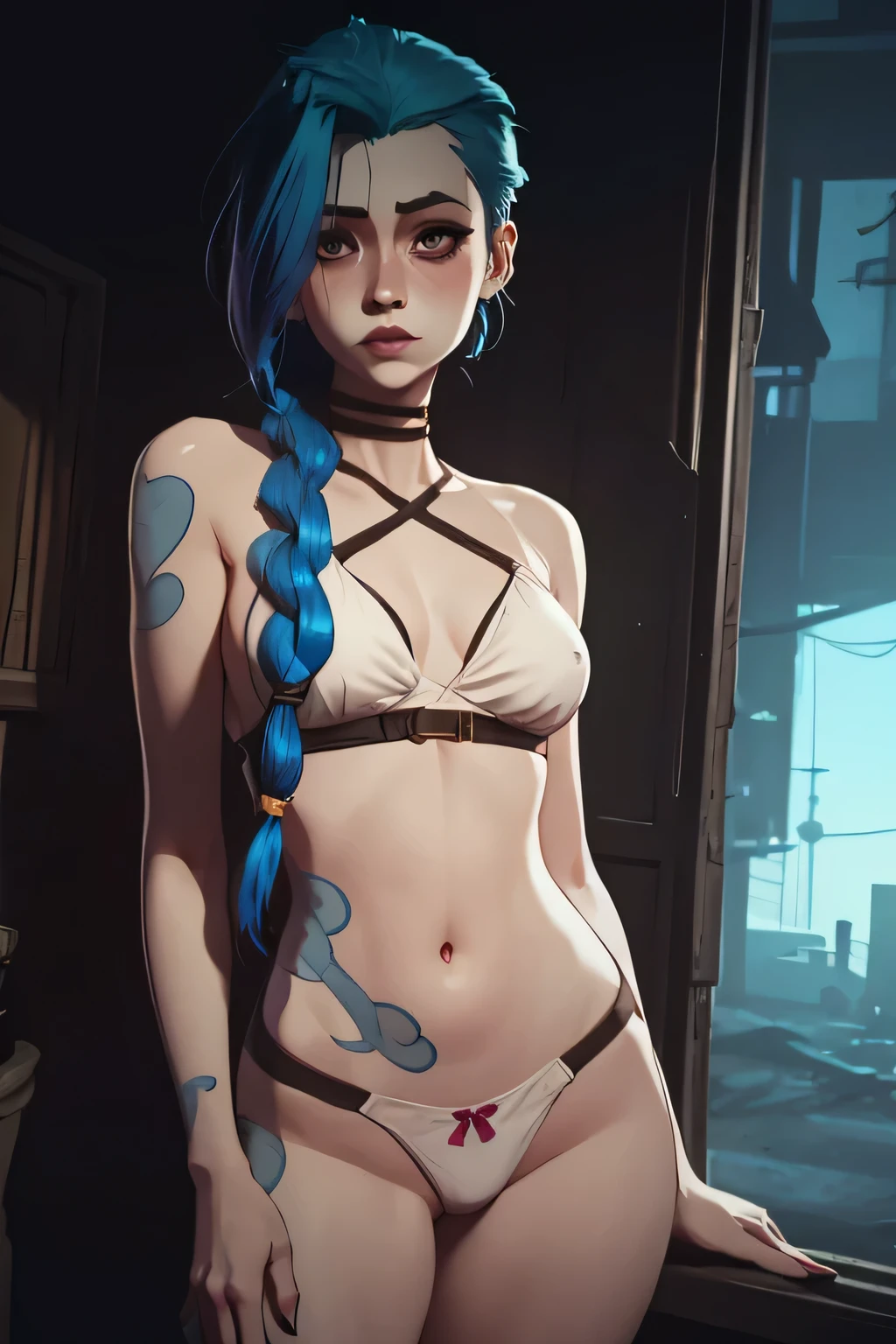 masterpiece, absurdres, arcane animation style, jinx arcane, square chin, crazy, 1girl, solo,mature female, sexy poor style lingerie (white bra and white small thong exposed), showing bra, perfect skinny body composition, cloud tattos over the body, tattos, blue tattoos, slim waist, detailed lips, small breast, beautiful face, body propotion, blush, (perfect lips), perfect blue hair,two long braids, jinx hair, perfect eyes, wearing bath robe, opening her robe, opening bath robe, soft gaze, detailed, photoshoot, realistic face and body, sexy standing pose, low light, trash neon environment, full body view