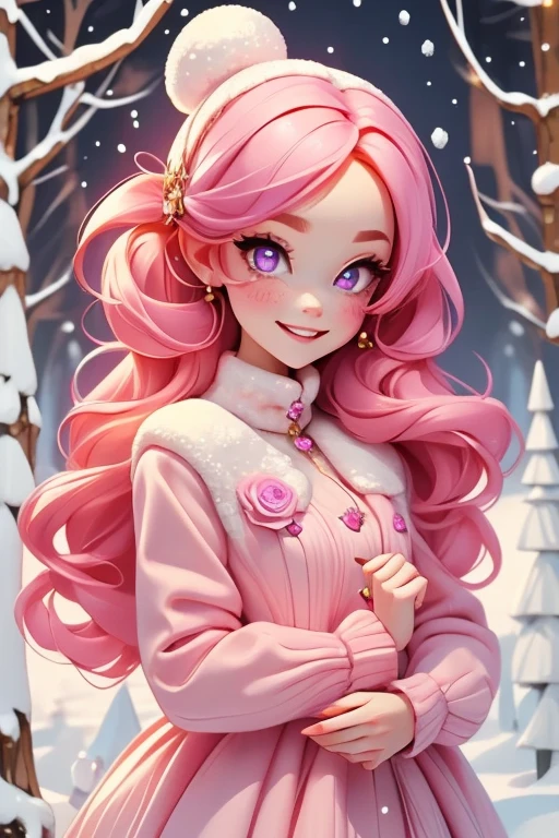 Perfect face. Perfect hands. A petite pink haired woman with violet eyes in a cute winter wonderland dress is smiling in a winter wonderland with a big smile