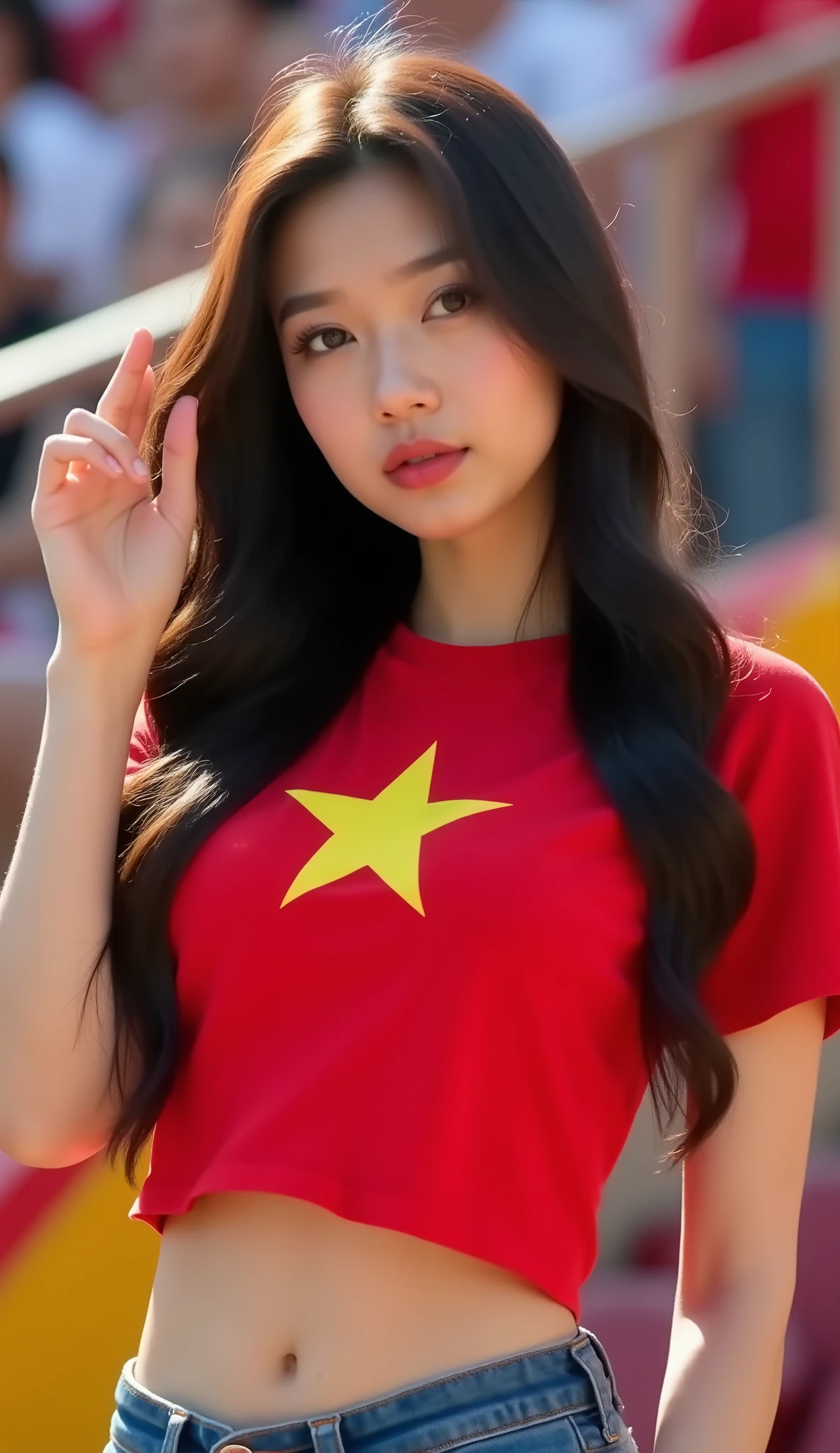 ((Realistic light, Highest quality, 8K, Artwork: 1.3)), Clear focus: 1.2, a girl, a beautiful woman posing to cheer for the Vietnam national team in the stands (a charming Vietnamese model), Perfect body beauty: 1.4, Slim waist: 1.1, ((Dark brown hair, Large breasts: 1.3)), (Body paint finish, Red t-shirt, 1 golden star on the chest, jeans, body paint. Long legs, Detailed face, Beautiful eyes, double eyelids).