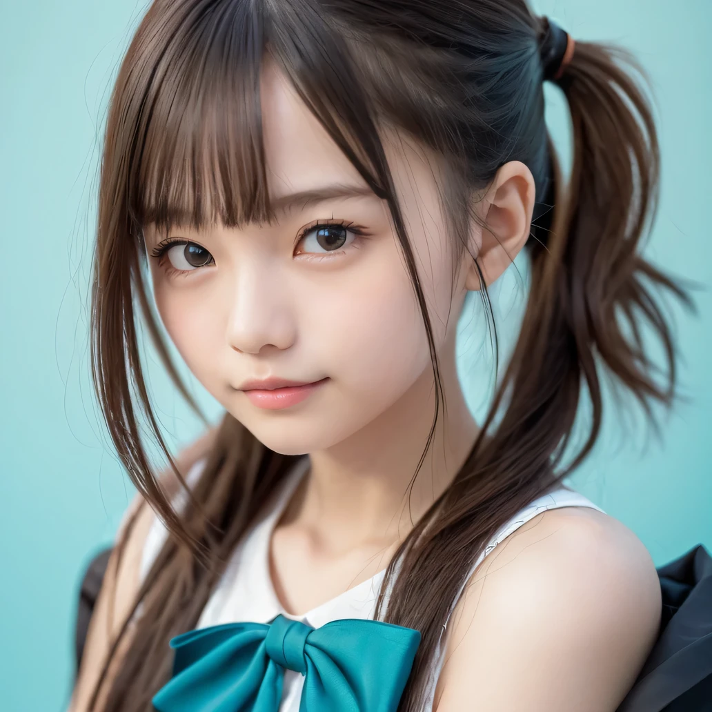 ((Live 2D)) Masterpiece, one girl outside running , 、 full body , Standing straight , Steampunk Costume, uniform, viewers, detailed face , girl with green wavy hair, bangs, , gradation hair, MULTI-COLOR HAIR , small smile , Turquoise Hair Tips, wavy hair, gradient eyes , orange eyes , ( simple background, white background : 1.3)、((( upper body photo))),((( small smile )))、((( face swells))),(((Round face)))