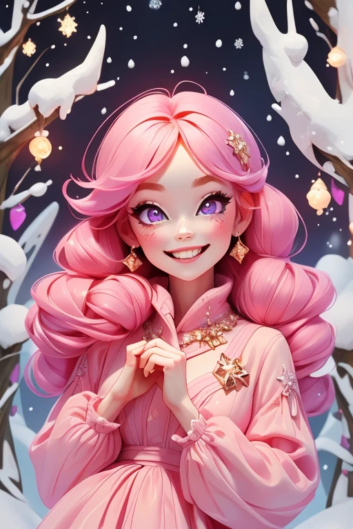 Perfect face. Perfect hands. A petite pink haired woman with violet eyes in a cute winter wonderland dress is smiling in a winter wonderland with a big smile
