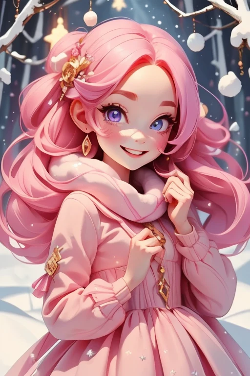 Perfect face. Perfect hands. A petite pink haired woman with violet eyes in a cute winter wonderland dress is smiling in a winter wonderland with a big smile
