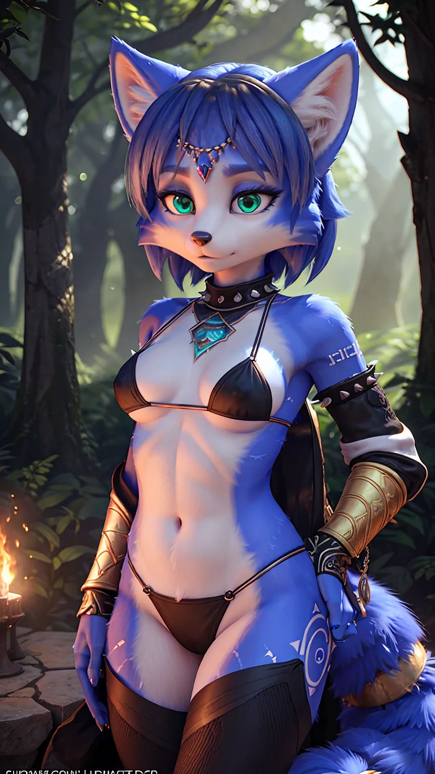 By iskra, by wolfy-nail, by Personalami, Krystal, Star Fox,  female,  (detailed),  looking at viewer, fluffy tail, solo, 1girl,  high resolution, photorealistic, candid , ((clear textural details)), detailed realism, slender, soft,4k, excellent quality, high detail, (seductive), detailed fur, in forest, длинные волосы