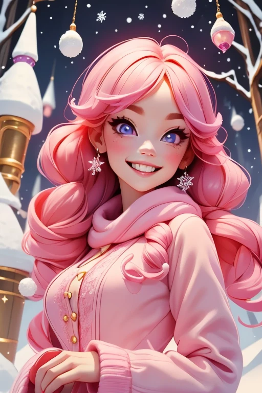 Perfect face. Perfect hands. A petite pink haired woman with violet eyes in a cute winter wonderland dress is smiling in a winter wonderland with a big smile
