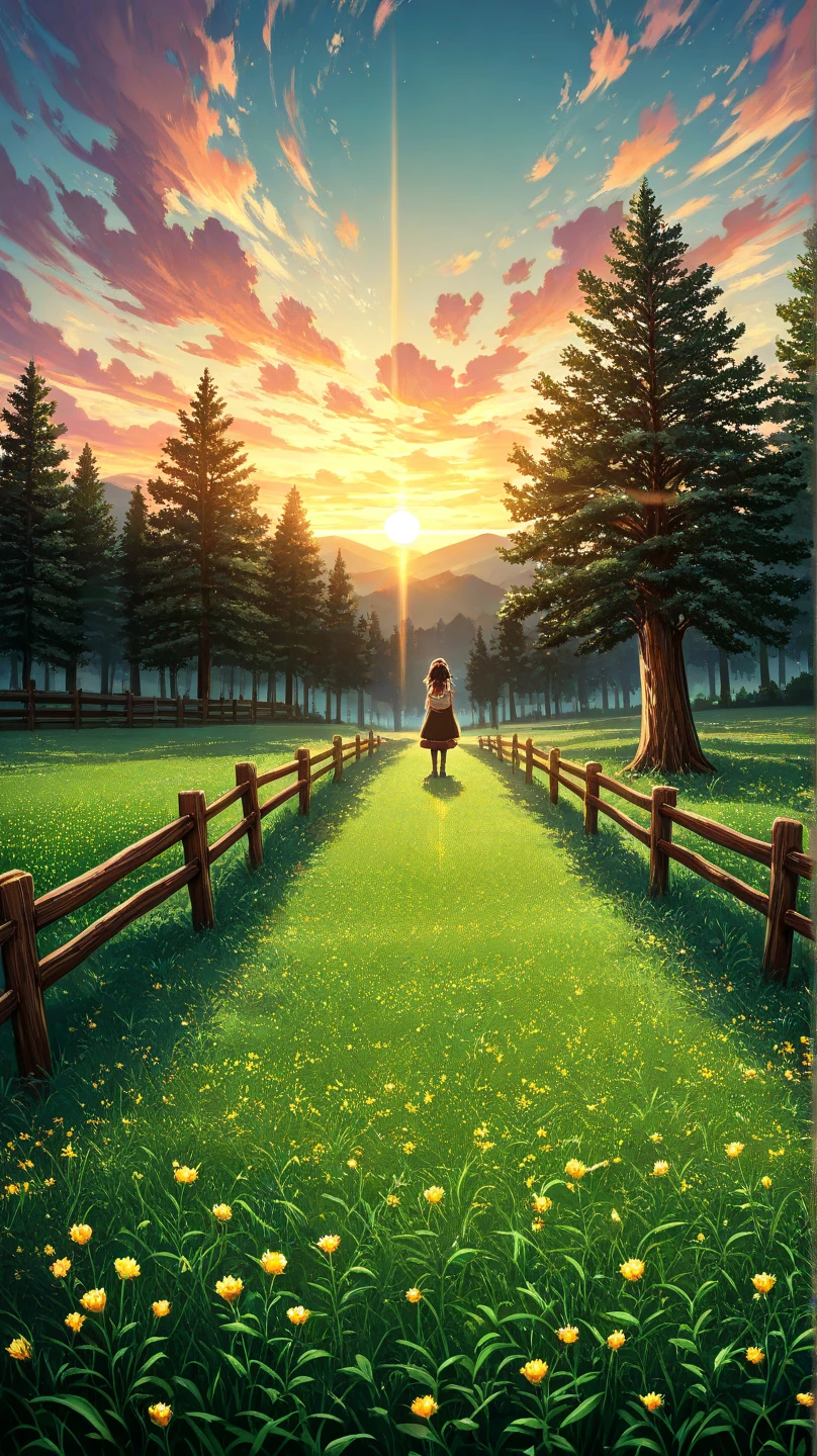 Create a serene rural sunset scene featuring a large, majestic tree with dark green leaves tinged with warm red highlights. The tree should dominate the left side of the composition. In the background, depict a vibrant sunset with the sun partially hidden behind the horizon, casting a golden-orange glow across dramatic, fluffy clouds. The sky should transition from deep blue at the top to warm tones near the horizon. Include a small, cozy wooden cottage in the mid-ground, surrounded by a simple wooden fence and nestled among trees. The foreground should feature a lush, green field with a pathway leading towards the cottage, with wildflowers scattered across the grass. Capture the sunlight filtering through the branches and casting long shadows, creating a peaceful and idyllic atmosphere.