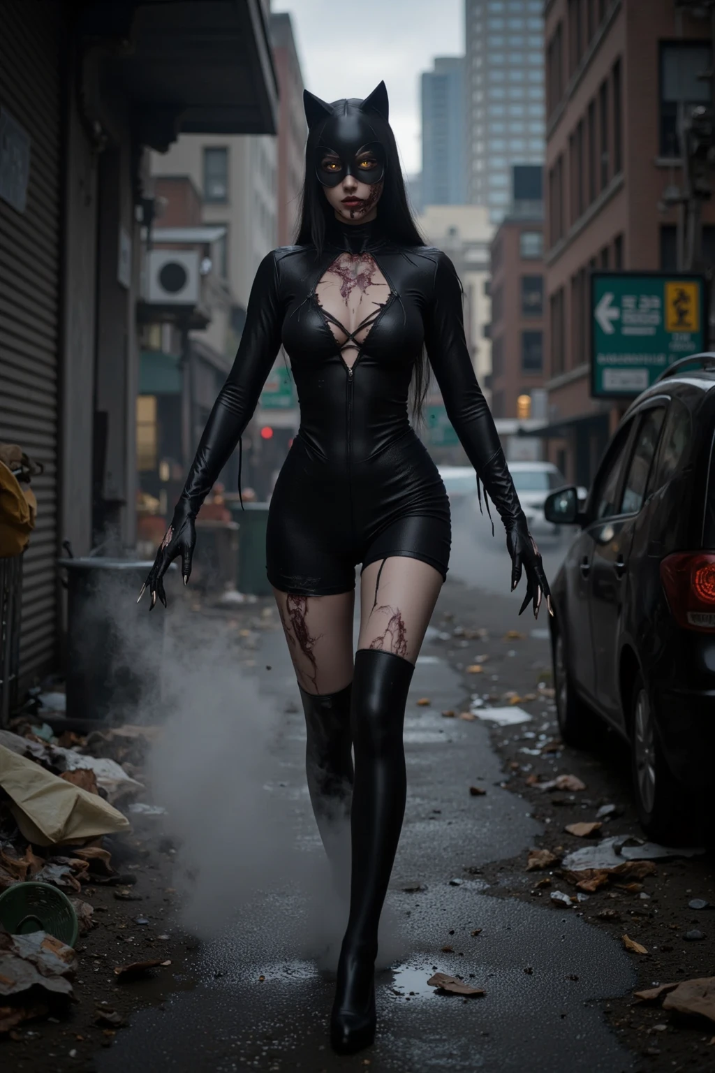 8k, Full body photo of a zombie woman like batman costume all torn and dirty,body and face thin to the extreme,body with open wounds and holes,red eyes, braided black hair, size XL bust, very tight, well drawn hand, Anime style,Unreal Engine 5,Max resolution+quality+sharpness,high detail,view viewer,smile,Background:Cemetery,night,rain