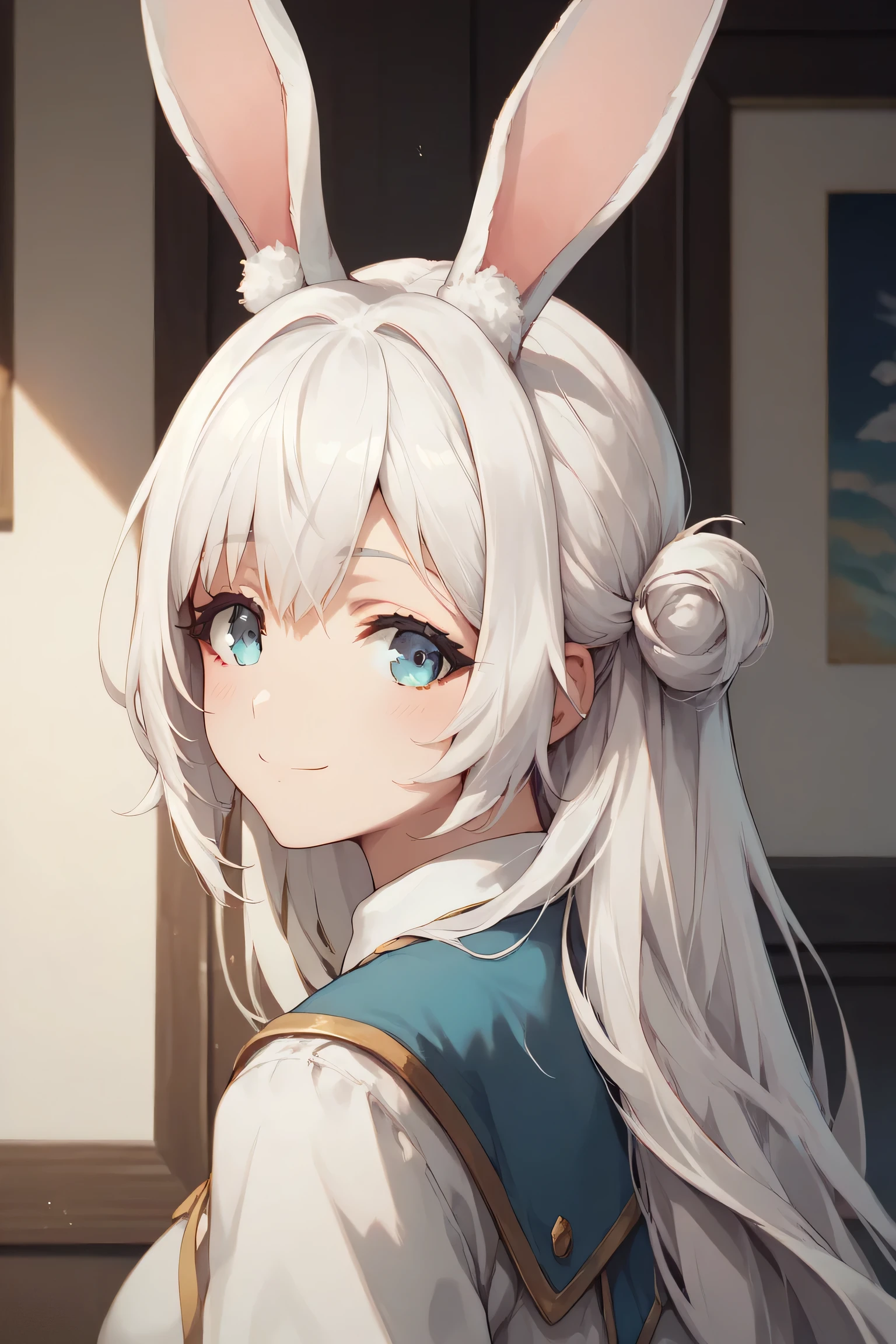 Enome,solo,looking at viewer,light smile,white hair light blush,arm at side,upper body, rabbit ears