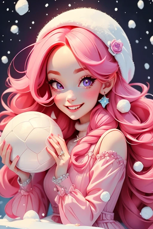 Perfect face. Perfect hands. A ite pink haired woman with violet eyes in a cute winter wonderland dress is smiling while holding a snowball in a winter wonderland with a big smile