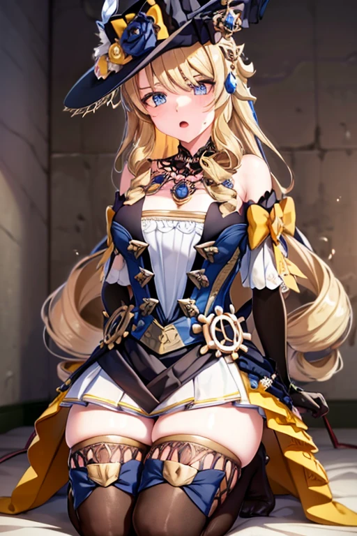 navia_gi, looking at viewer, bad mood, sweat, open mouth, skirt, thighhighs, gloves, hat, dress, holding, bare shoulders, ((hands tied behind)), (arms behind back), sitting on the knees, ((seiza)), indoors, detached sleeves, garter straps, drill hair, brown gloves, brown headwear, basement, ((prison)), wood floor, wood wall, ((underground)), lamp, midnight,