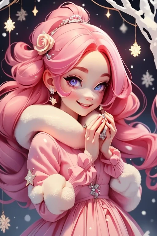 Perfect face. Perfect hands. A petite pink haired woman with violet eyes in a cute winter wonderland dress is smiling while holding a snowball in a winter wonderland with a big smile