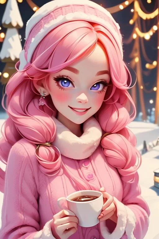 Perfect face. Perfect hands. A petite pink haired woman with violet eyes in a cute winter wonderland dress is smiling while sipping hot chocolate in a winter wonderland with a big smile