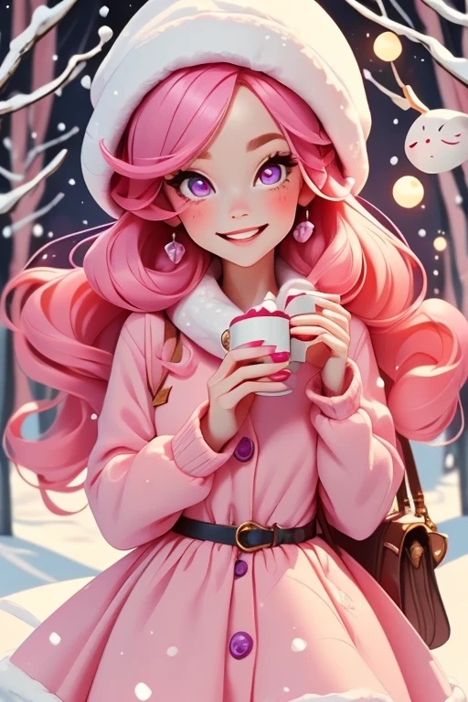 Perfect face. Perfect hands. A petite pink haired woman with violet eyes in a cute winter wonderland dress is smiling while sipping hot chocolate in a winter wonderland with a big smile