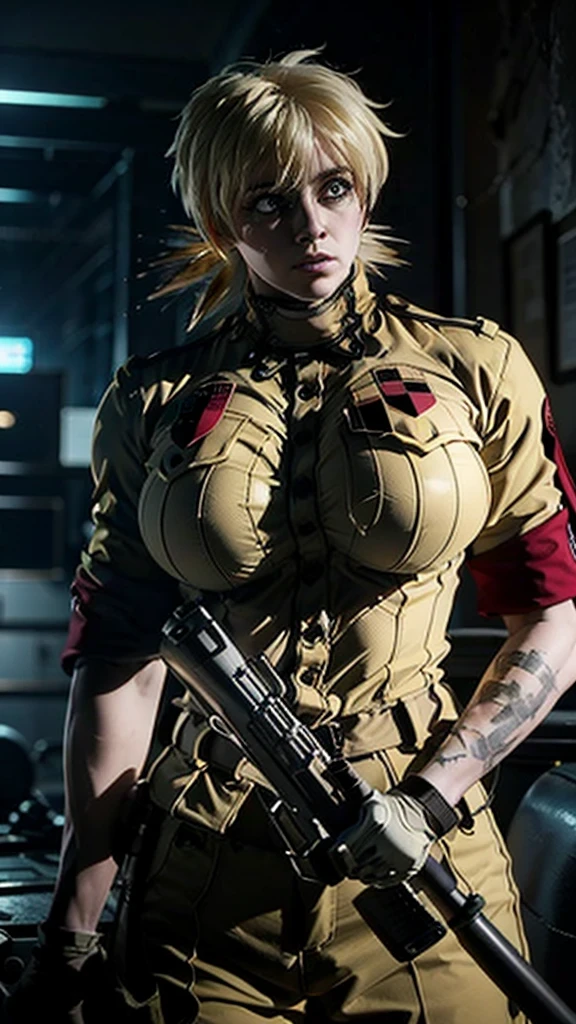 a seras victoria posing with a big gun, 1girl, beautiful detailed eyes, beautiful detailed lips, extremely detailed face and skin, long hair, holding a large weapon, realistic, photorealistic, photo-realistic:1.37, 8k, best quality, masterpiece:1.2, ultra-detailed, hdr, studio lighting, vivid colors, cinematic lighting, dramatic lighting, moody lighting, dark and gritty, realistic military attire, military equipment, military setting, gritty urban environment, dystopian future