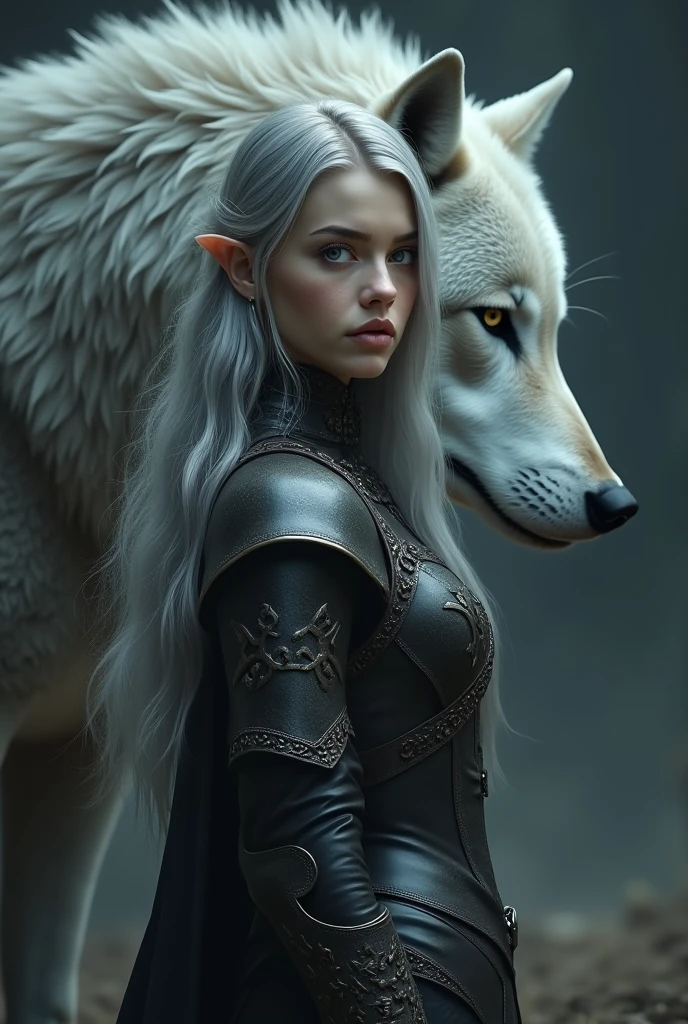 8k, ultra detailed, masterpiece, best quality, high details, best quality, highres, 1080P, 8K, full body, photorealism, anatomically correct, fantasy art, RPG art, epic female dark elf, drow elf (intense details, Masterpiece, best quality: 1.5), epic ranger (intense details, Masterpiece, best quality: 1.5), and her [epic wolf] companion (intense details, Masterpiece, best quality: 1.5),, extremely beautiful drow elf, female elf (intense details, Masterpiece, best quality: 1.5), ultra detailed face, small pointed ears, black skin, white hair, long hair, braided hair, green eyes (intense details, Masterpiece, best quality: 1.5), intent look, wearing light armor (intense details, Masterpiece, best quality: 1.5), brown armor, wearing black cloak (intense details, Masterpiece, best quality: 1.5),,  armed with long sword (intense details, Masterpiece, best quality: 1.5), high quality, magical sword (intense details, Masterpiece, best quality: 1.5), with magical sigils,  big grey wolf, epic grey wolf, night time, moon light, stars, fantasy dark forest, trees, sense of fear,