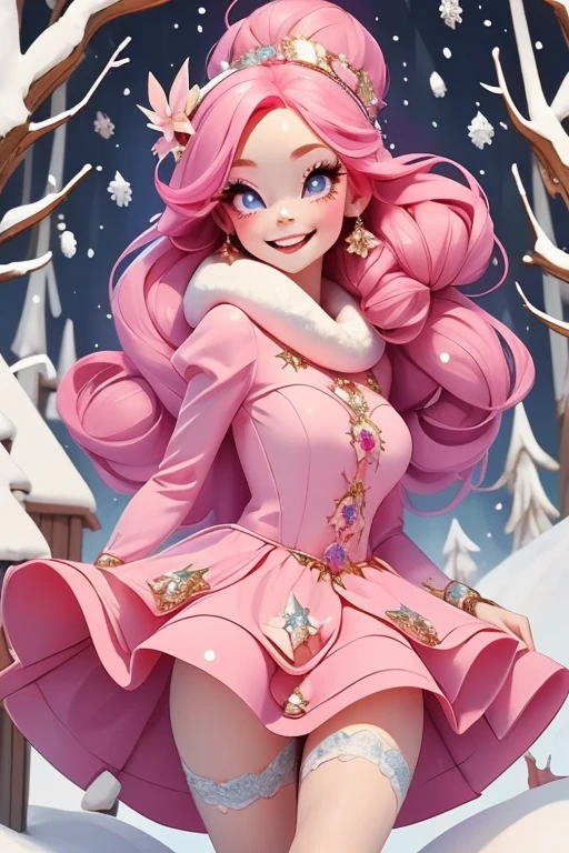 Perfect face. Perfect hands. A petite pink haired woman with violet eyes in a cute winter wonderland dress is smiling while dancing in a flurry of snowfall in a winter wonderland with a big smile