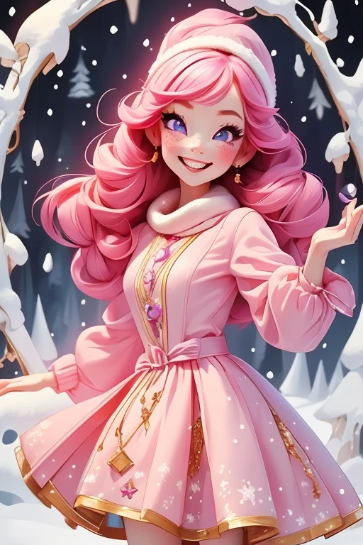 Perfect face. Perfect hands. A petite pink haired woman with violet eyes in a cute winter wonderland dress is smiling while dancing in a flurry of snowfall in a winter wonderland with a big smile