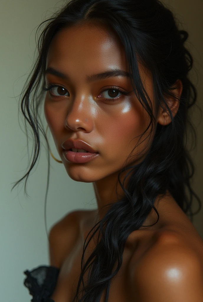 raw photo of beautiful female, looking at camera, centered portrait upper body, Somali beauty, slim perfect face, natural look, playmate, wavy hair, wet hair tied in a bun, supermodel, wet skin, jet-black skin, blushing cheek, very very small bust, closing eyes, feeling ecstasy, nude skin, in photo studio