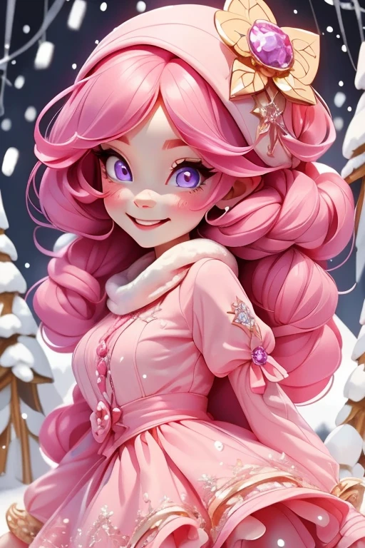 Perfect face. Perfect hands. A petite pink haired woman with violet eyes in a cute winter wonderland dress is smiling while dancing in a flurry of snowfall in a winter wonderland with a big smile