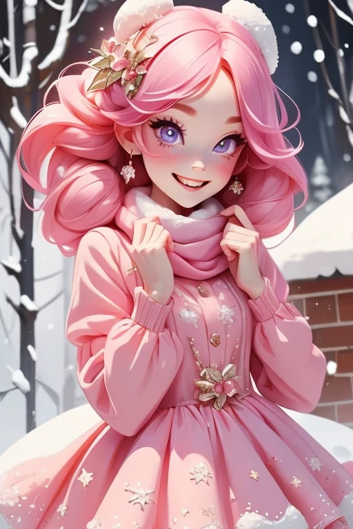 Perfect face. Perfect hands. A petite pink haired woman with violet eyes in a cute winter wonderland dress is smiling while dancing in a flurry of snowfall in a winter wonderland with a big smile