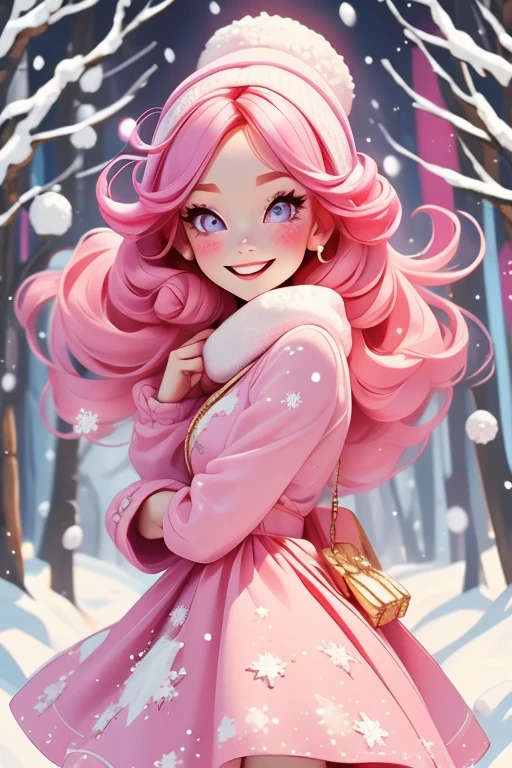 Perfect face. Perfect hands. A ite pink haired woman with violet eyes in a cute winter wonderland dress is smiling while dancing in a flurry of snowfall in a winter wonderland with a big smile