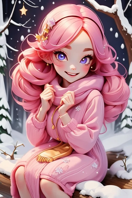 Perfect face. Perfect hands. A petite pink haired woman with violet eyes in a cute winter wonderland dress is smiling while sitting on a log in a winter wonderland with a big smile