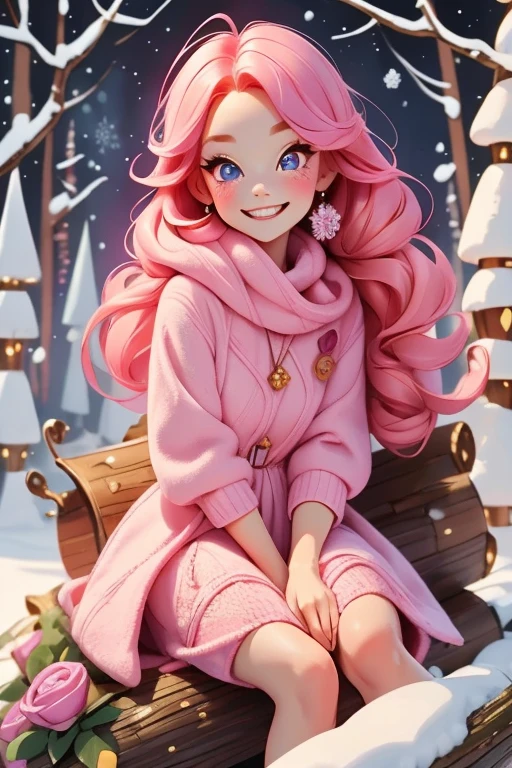 Perfect face. Perfect hands. A petite pink haired woman with violet eyes in a cute winter wonderland dress is smiling while sitting on a log in a winter wonderland with a big smile