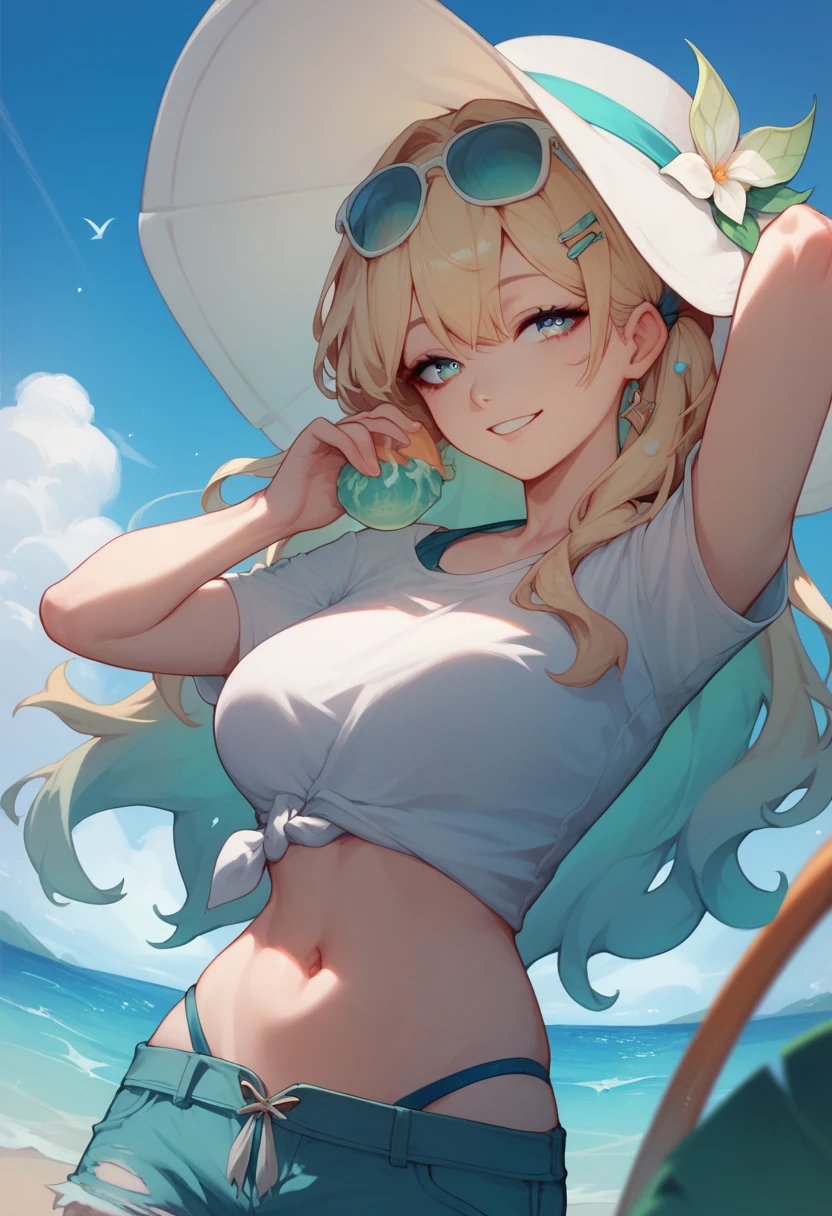 a woman with long whity blonde hair with cyan gradiant locks in down, cyan eyes, and a Green dragonfly hair clip, light smile, wearning a long White shirt and long shorts, is in a Beach at Sun day posing.